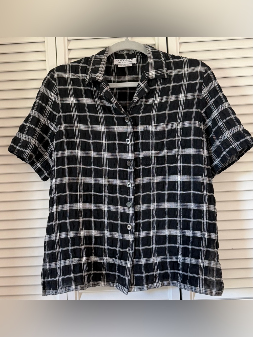 Jaeger Women’s Linen Blend Button-Front Black & White Plaid Shirt Size Medium